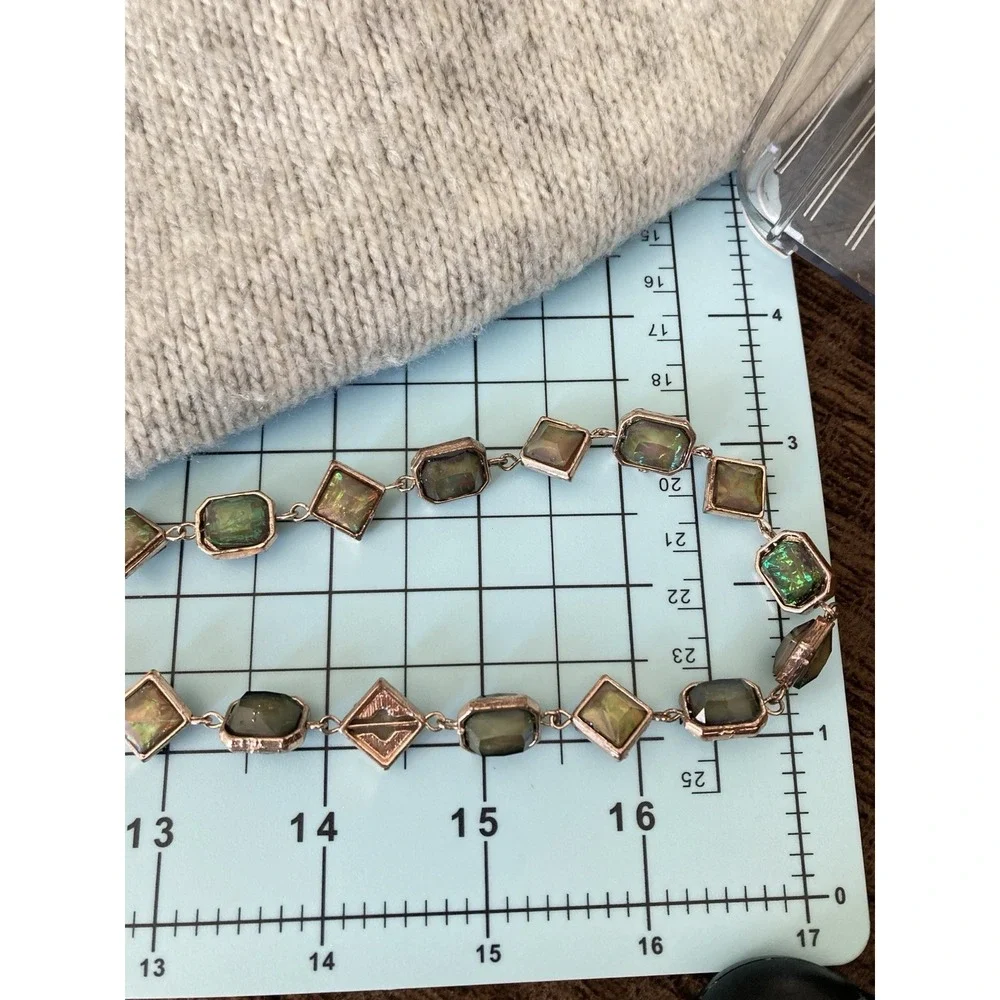 Green Aurora Glass Station Necklace Rose Gold Tone Geometric Link Long Bezel Set